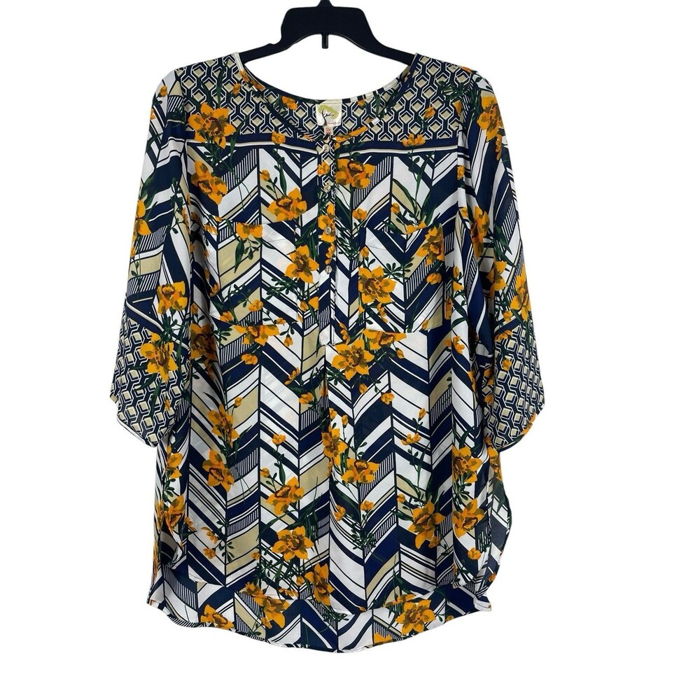 Fig & Flower 2X Boho Floral Geometric Sheer Tunic Shirt Navy Yellow Flowy Top
